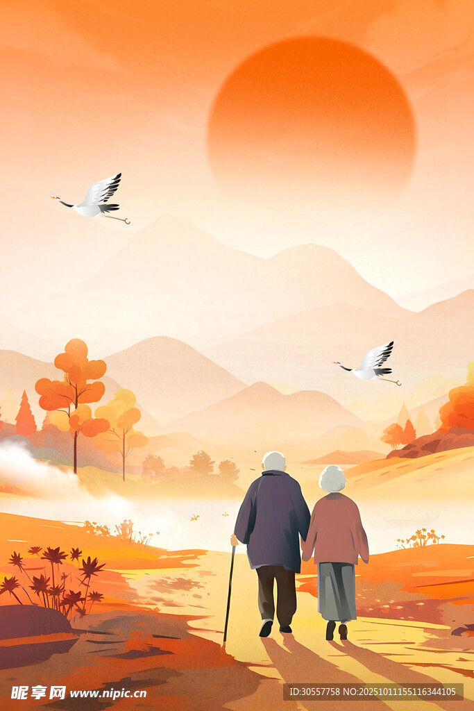 夕阳下老夫妻漫步的温馨画面