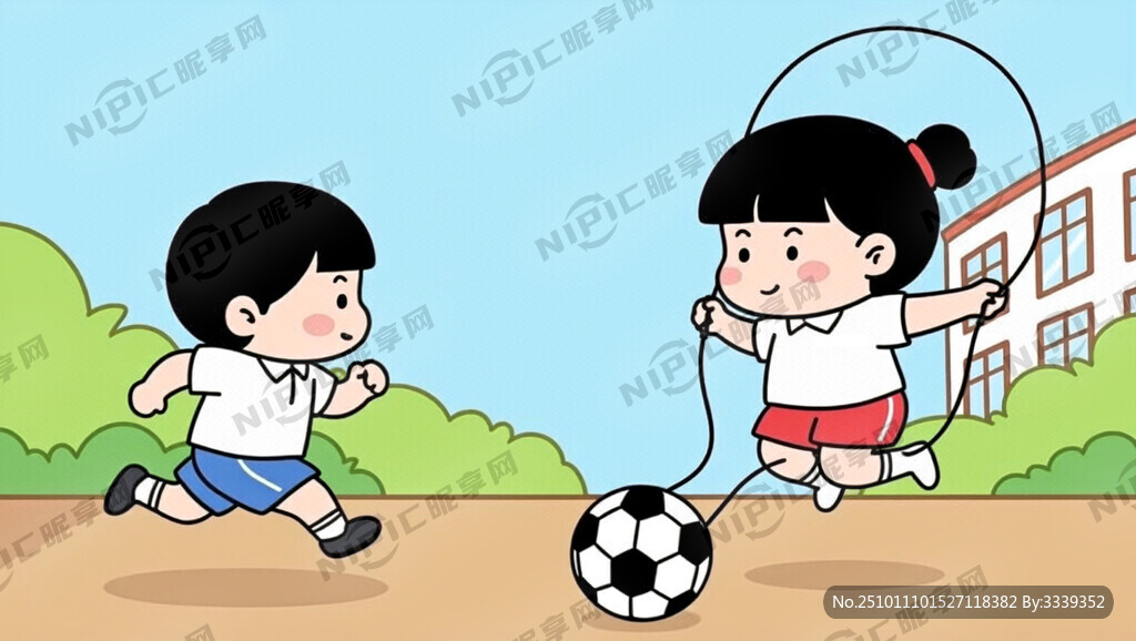 穿校服的中国卡通小孩跑步