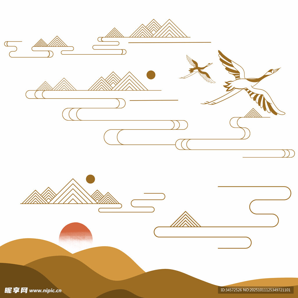 中式山水飞鸟意境插画