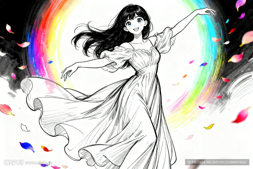 舞蹈飘逸仙女伴彩虹与花瓣