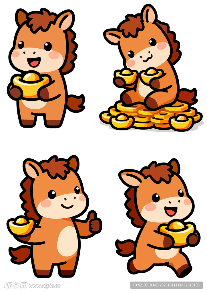 可爱小马与金元宝插画