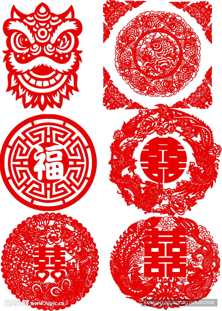 传统红色剪纸福字等图案