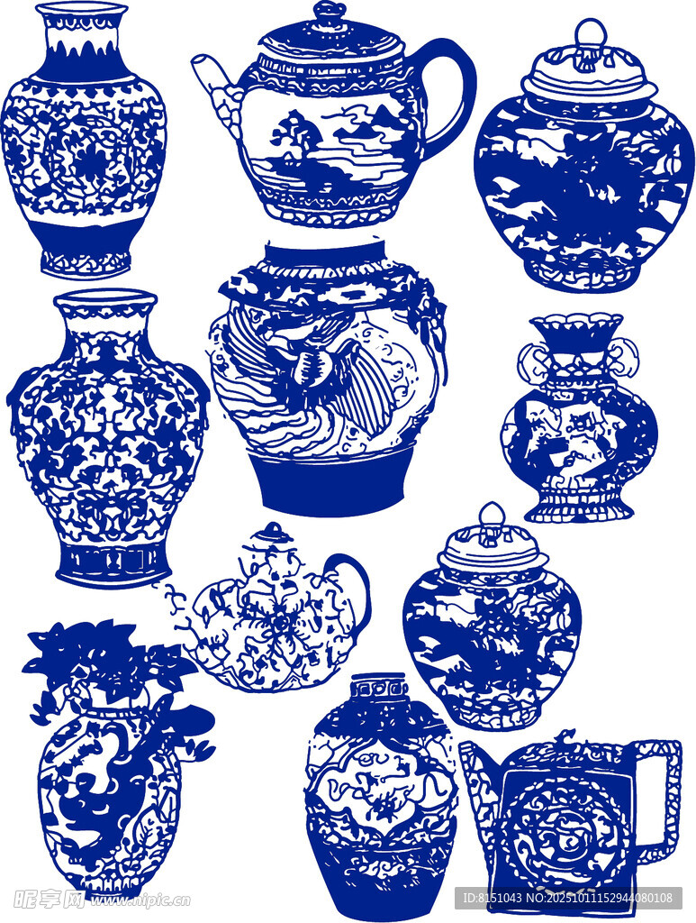 青花瓷茶具与花瓶图案集