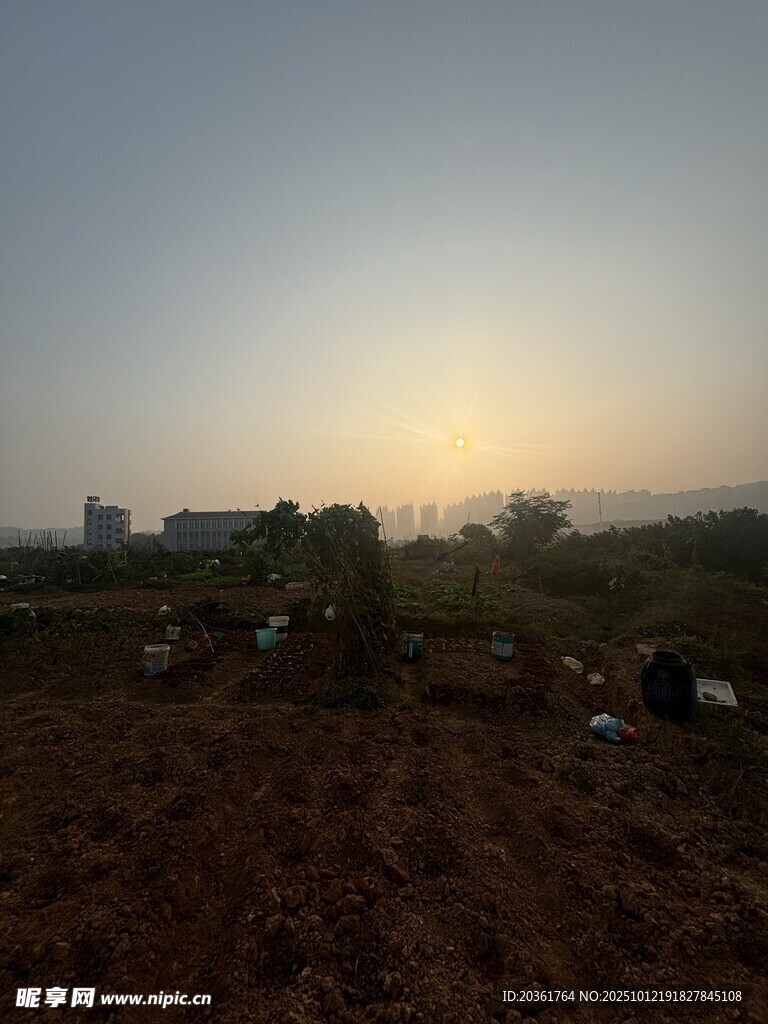 黄昏下的田野劳作场景