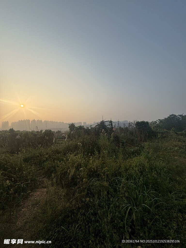黄昏下的草地与远方小径