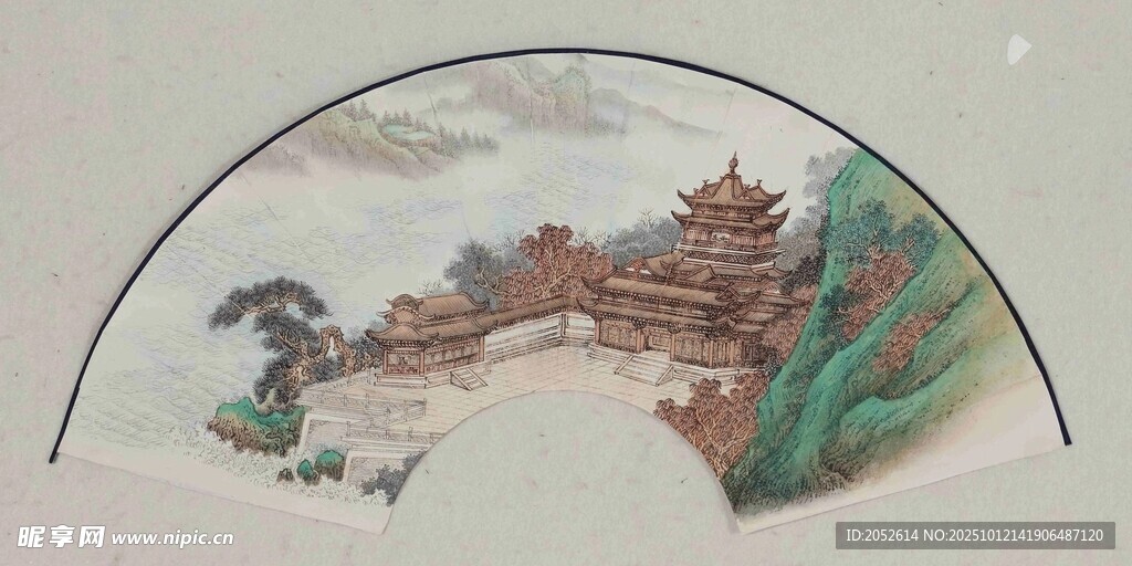 中式扇面山水楼阁图