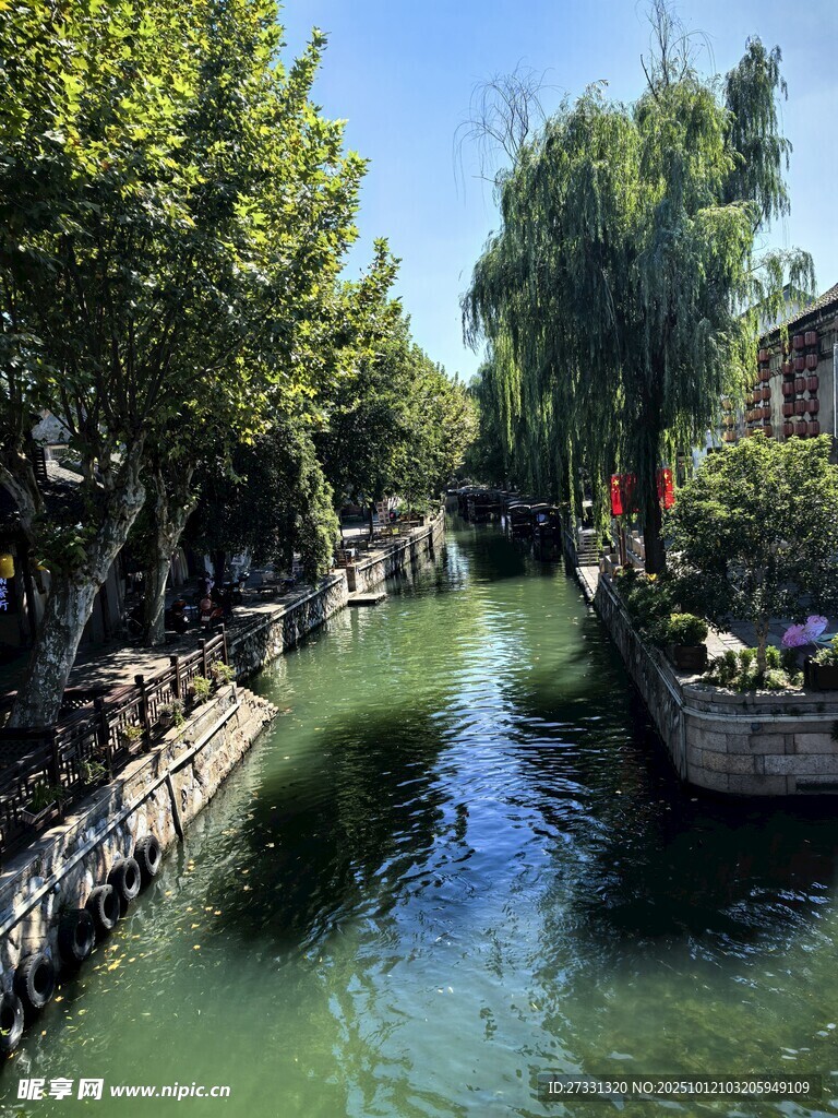 河畔绿荫下的静谧水道