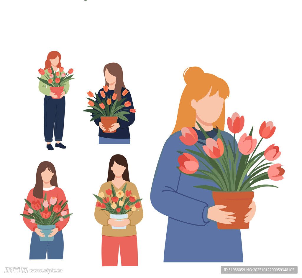 手持鲜花的女性插画