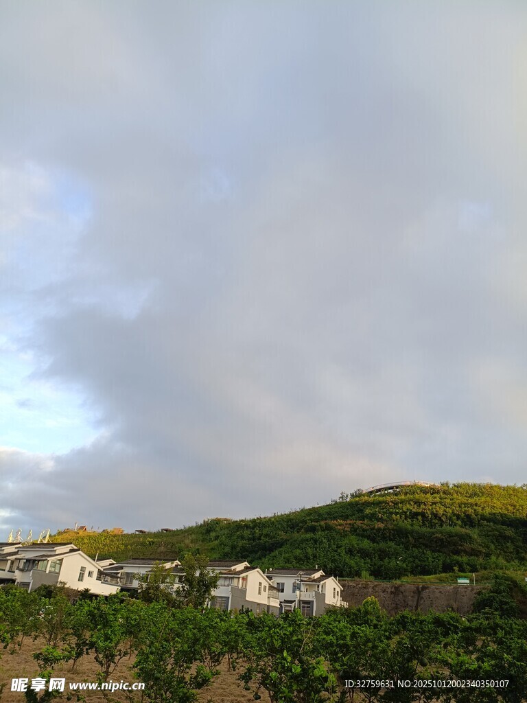 山坡上的白色建筑与绿植