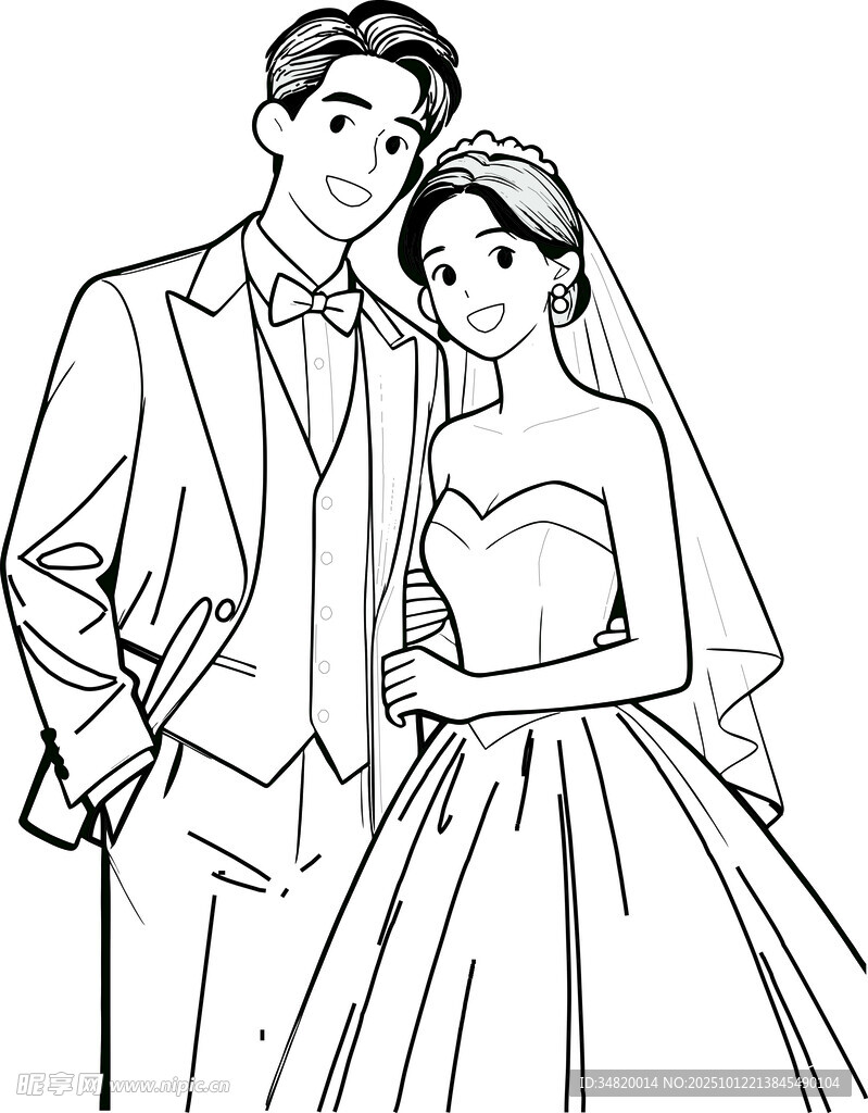 婚礼合照结婚照插画线条画矢量图