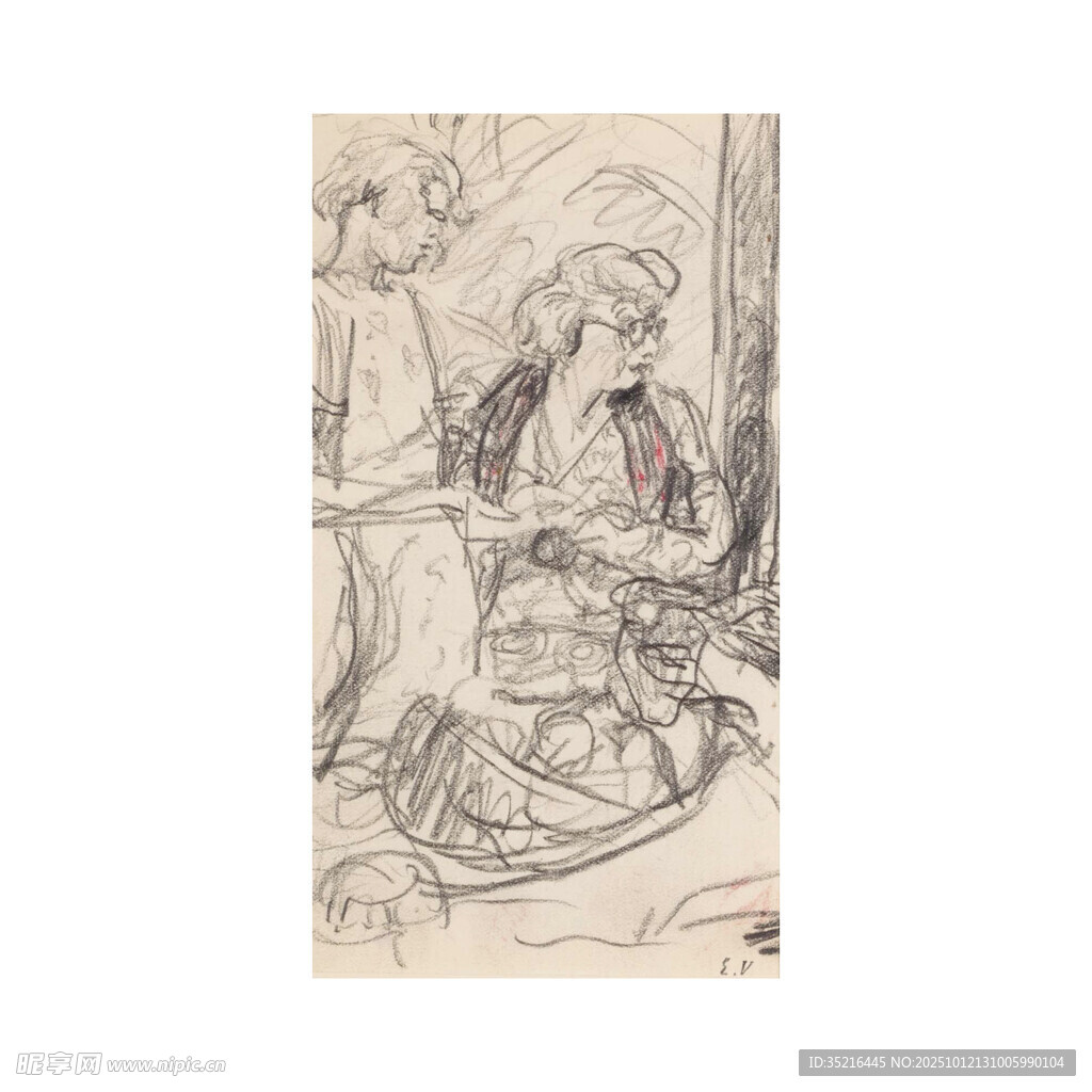 复古风格人物场景线描画