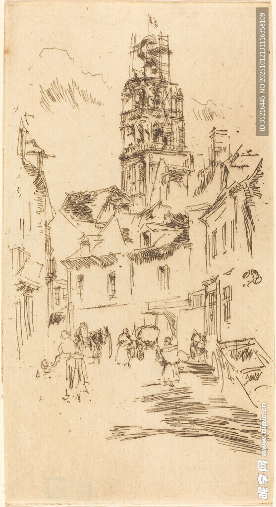 手绘中式古建筑风景图