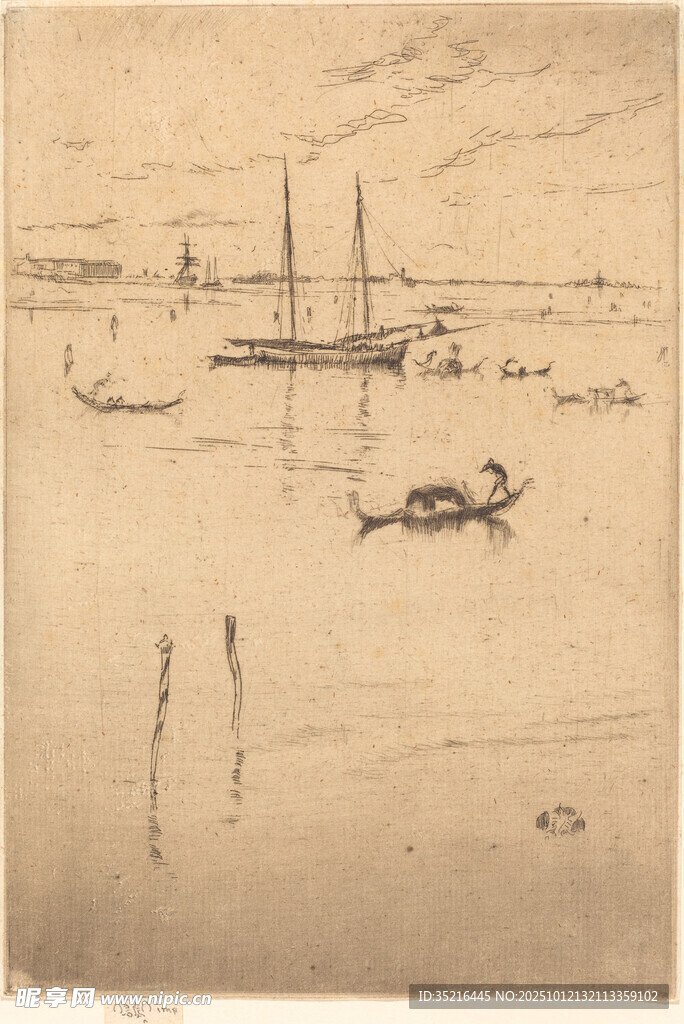 海边船只素描风景图