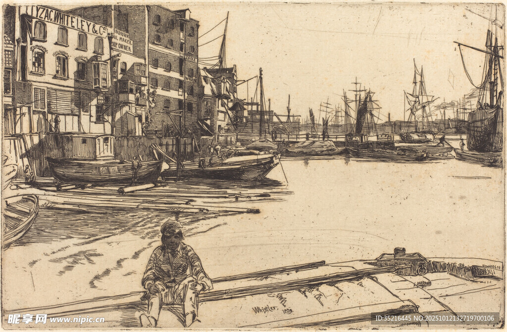 港口船只景象的复古画作