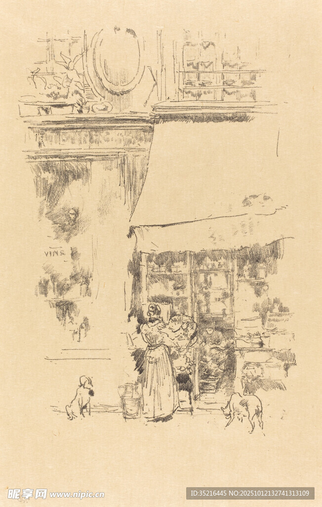 古代市集场景线描画