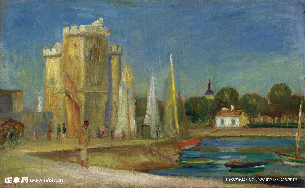 海滨城市帆船风景油画