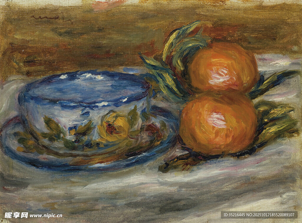 蓝杯与双橙静物画