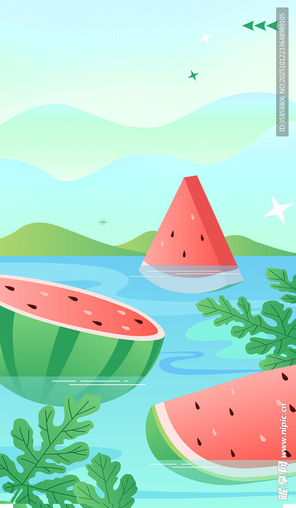 夏日水中漂浮的西瓜切片
