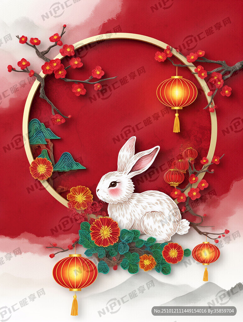 衍纸艺术 春节 可爱兔子 红梅