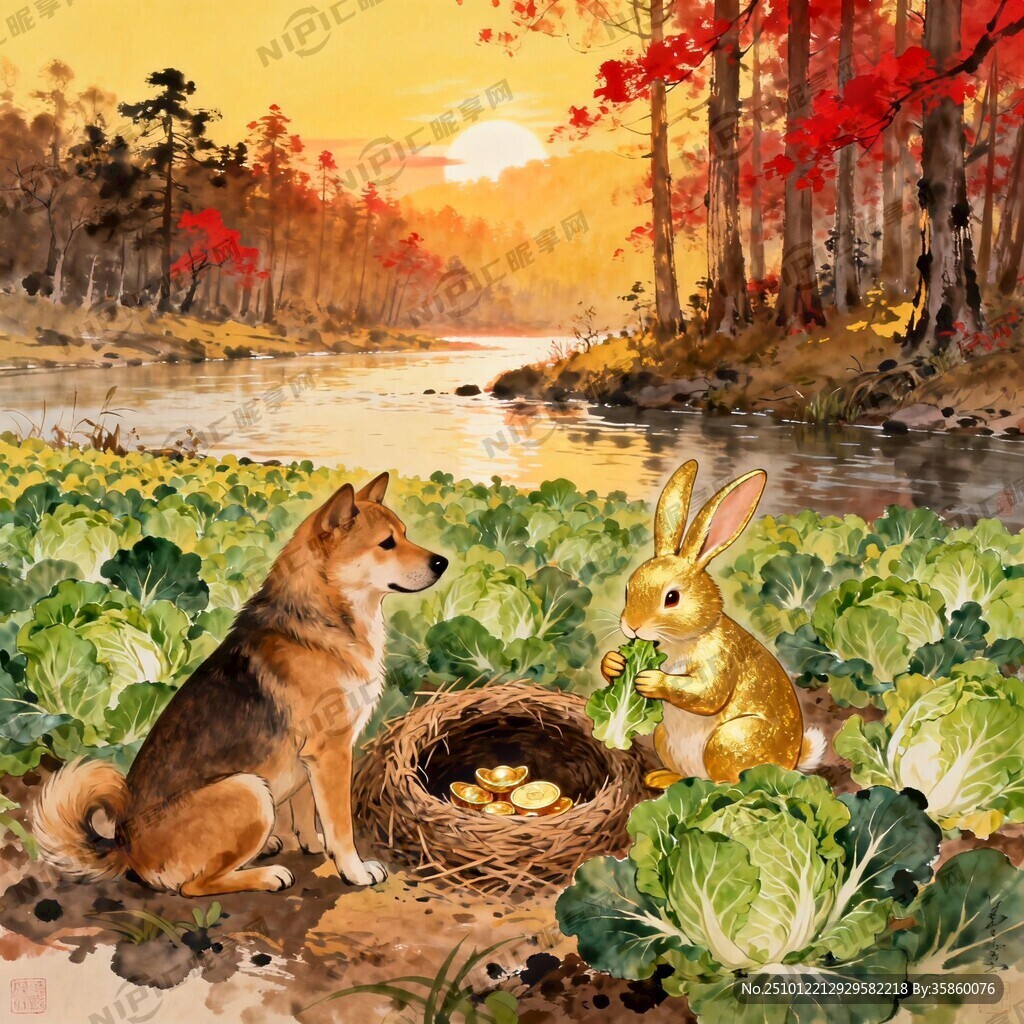 在早晨的晨光中 兔窝里有元宝