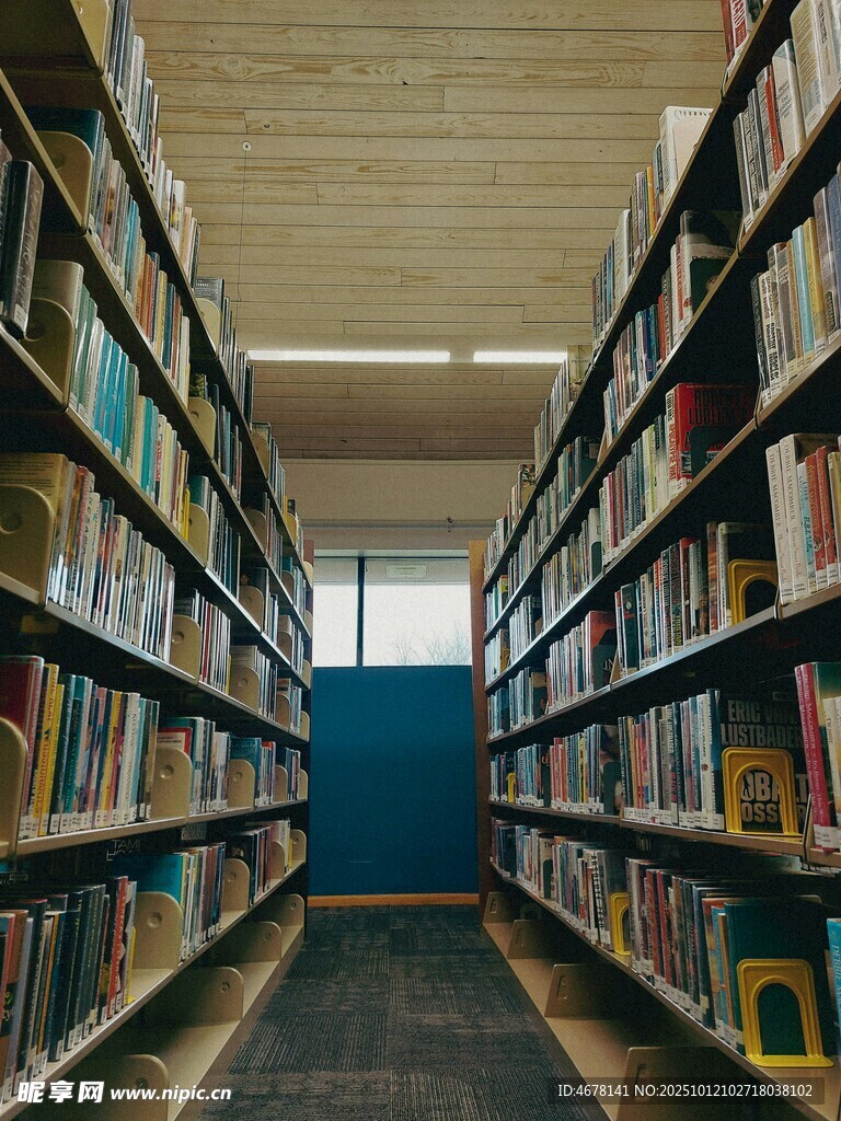 图书馆内整齐的书架通道