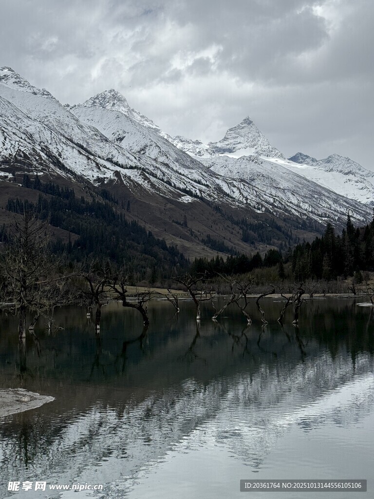 雪山湖泊的静谧风光