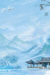 水墨山水湖畔亭阁风景