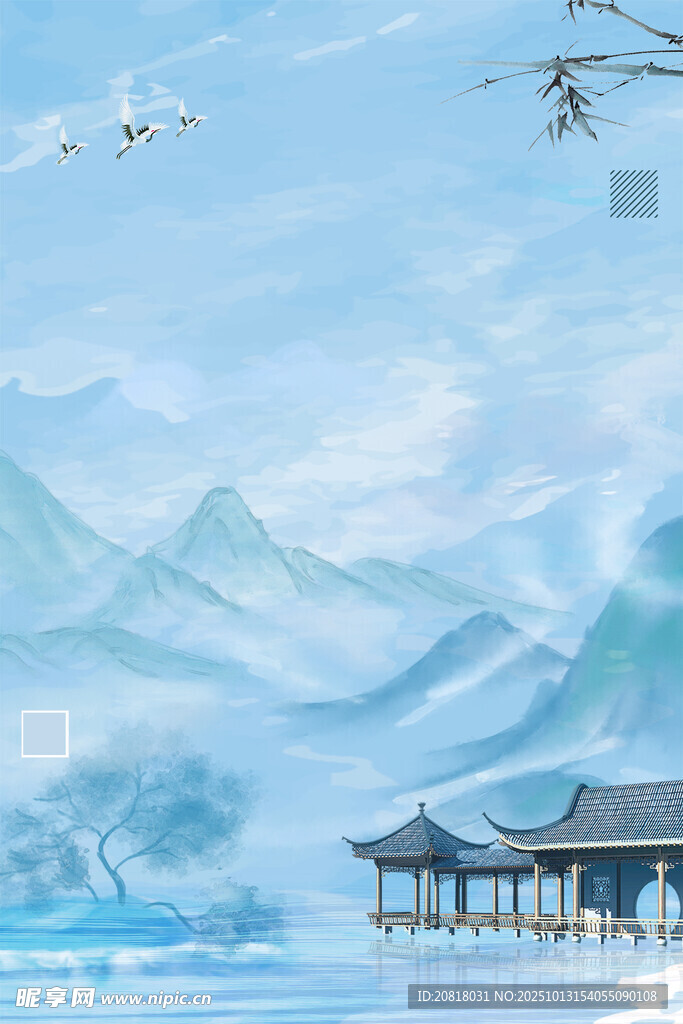 水墨山水湖畔亭阁风景