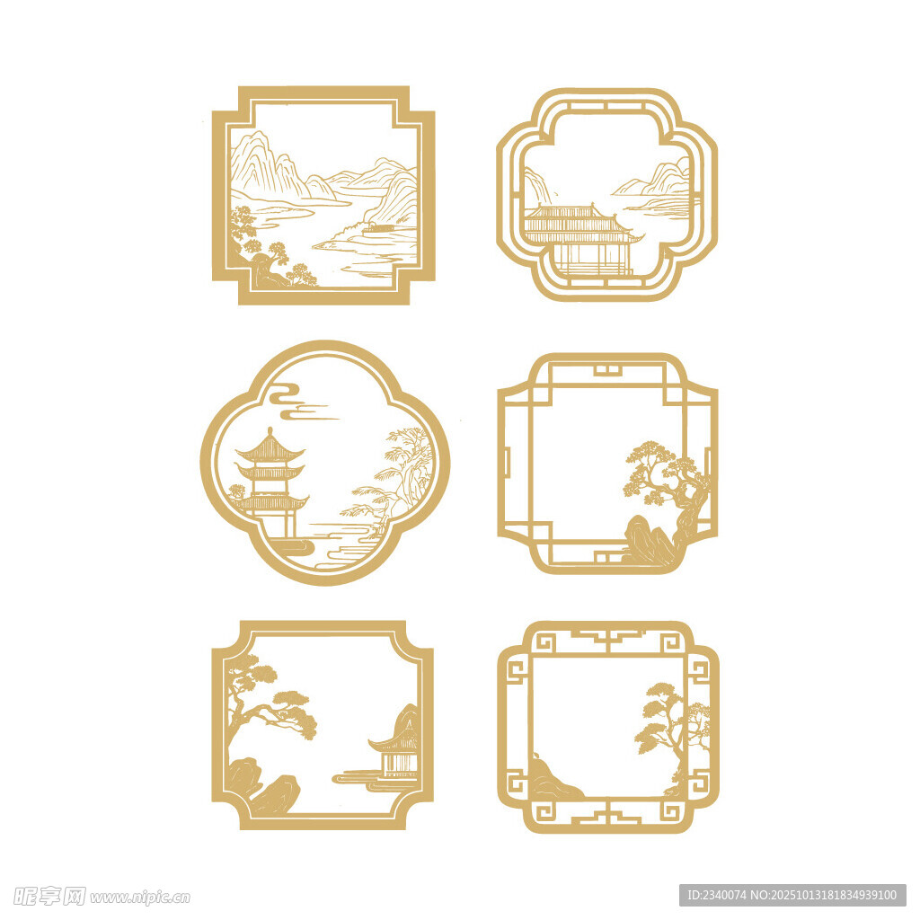 中式线描山纹小院树中国风边框标