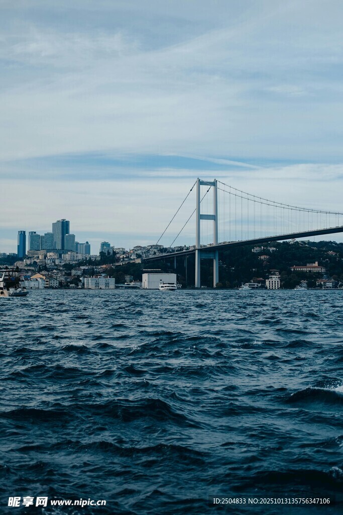 海上远眺大桥与城市景观