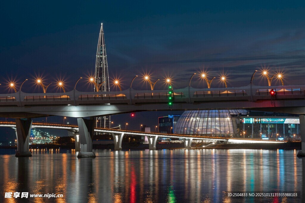 城市夜景桥梁与璀璨灯光