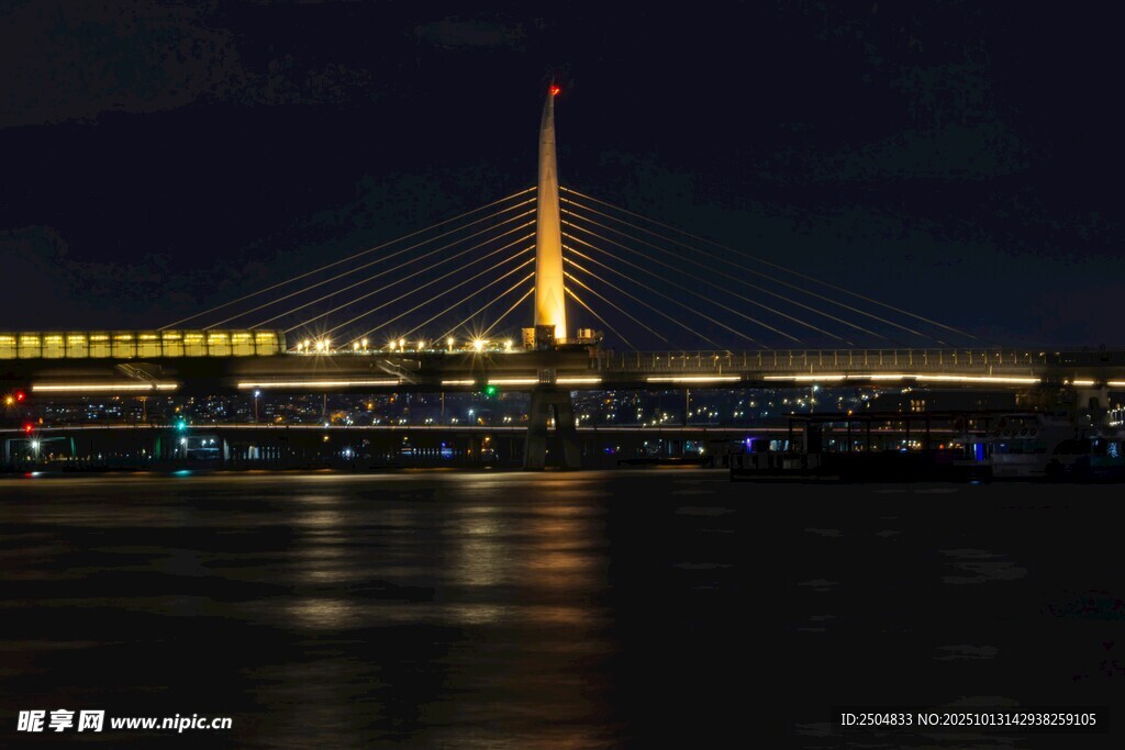 夜晚河畔的璀璨高塔景观