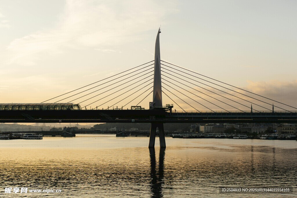 夕阳下的现代斜 桥美景