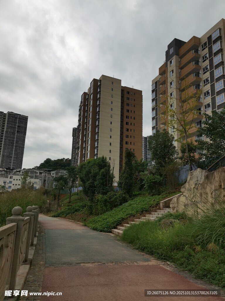 城郊小路旁的高层住宅区