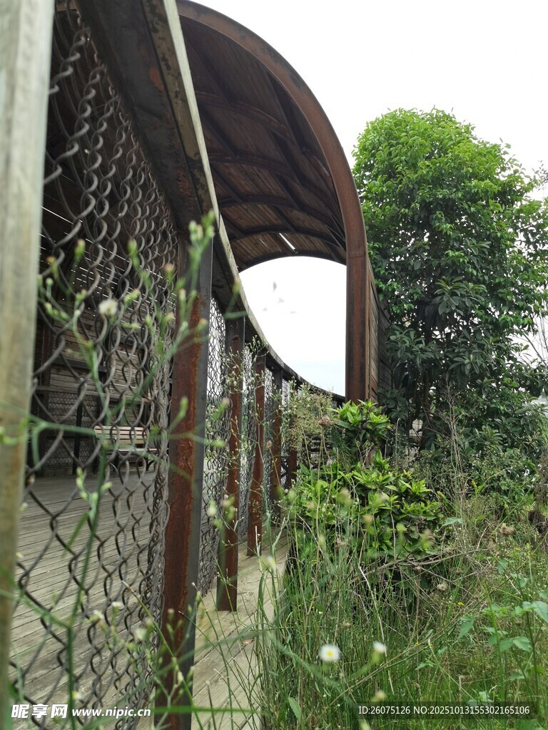 围栏旁的绿植与拱形结构