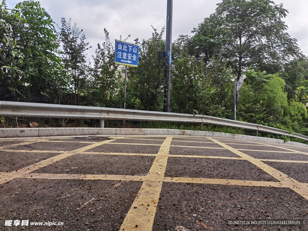 公路旁绿树环绕的空旷区域