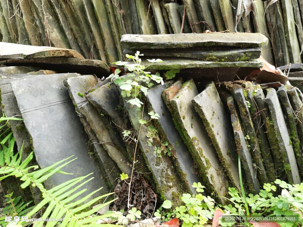 瓦片堆叠与绿植景观