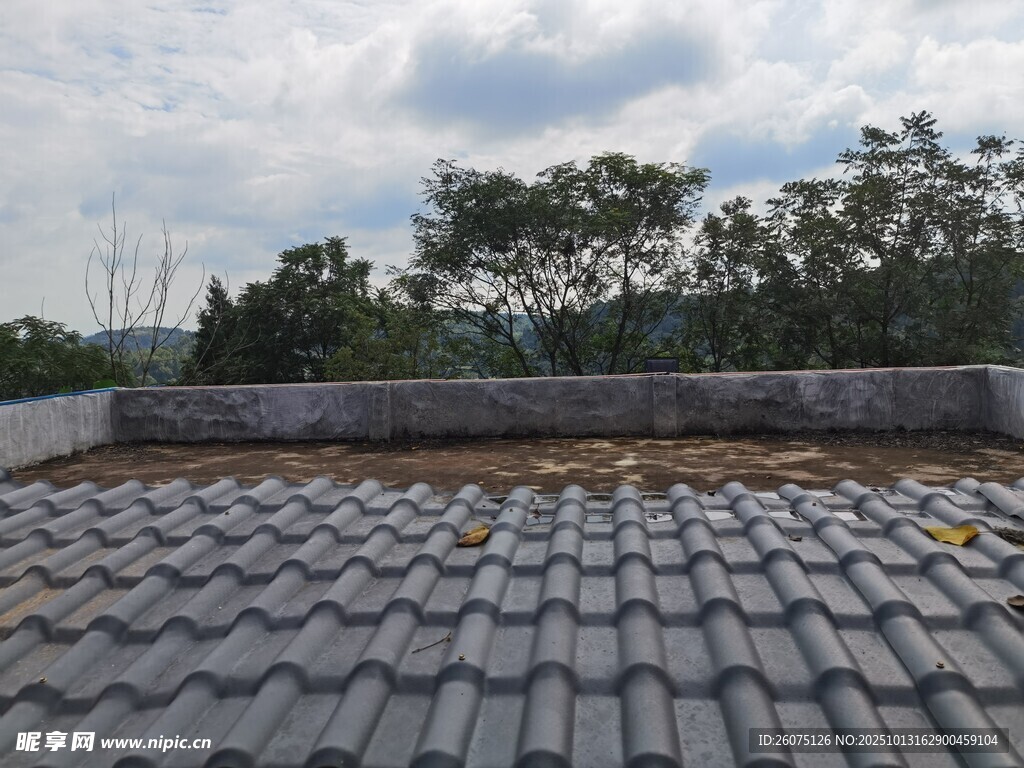 老旧屋顶瓦片及周边景致