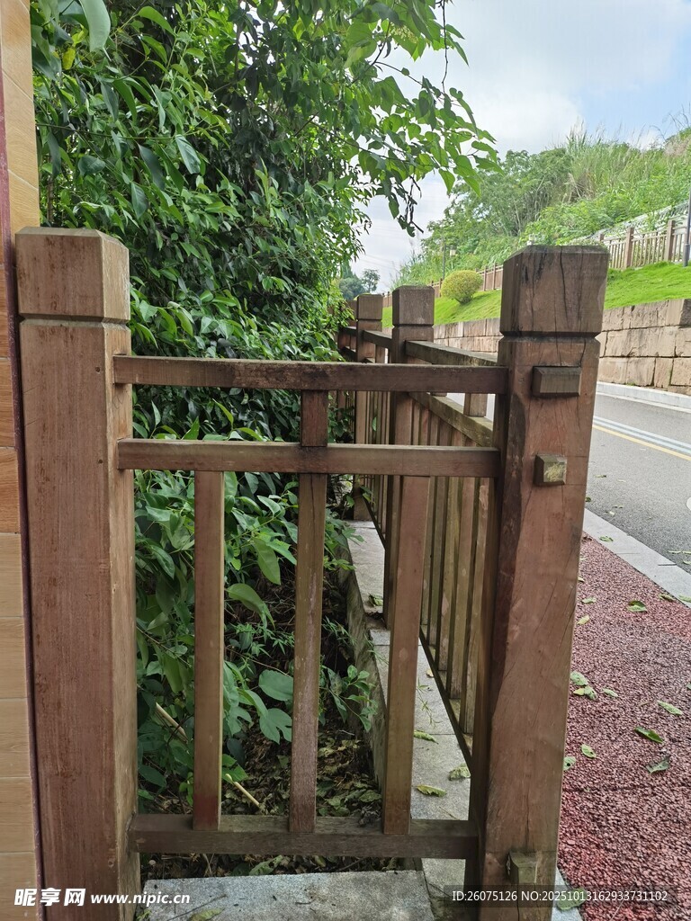 木质围栏旁的绿植小径