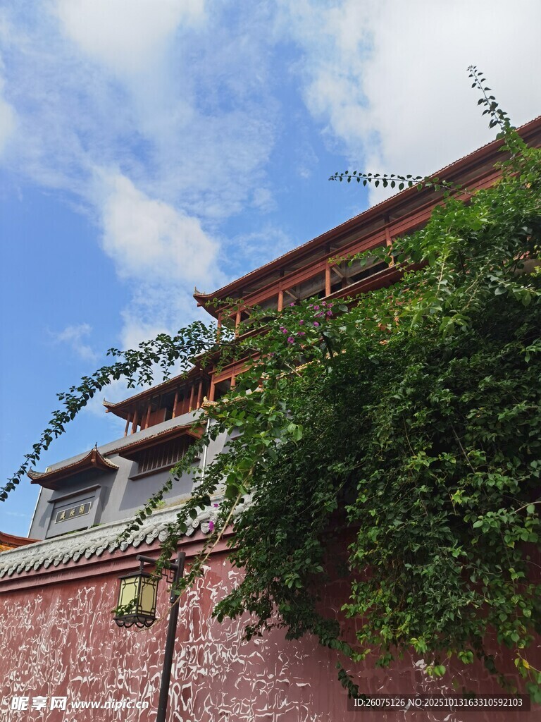 红墙绿植映衬下的建筑一角