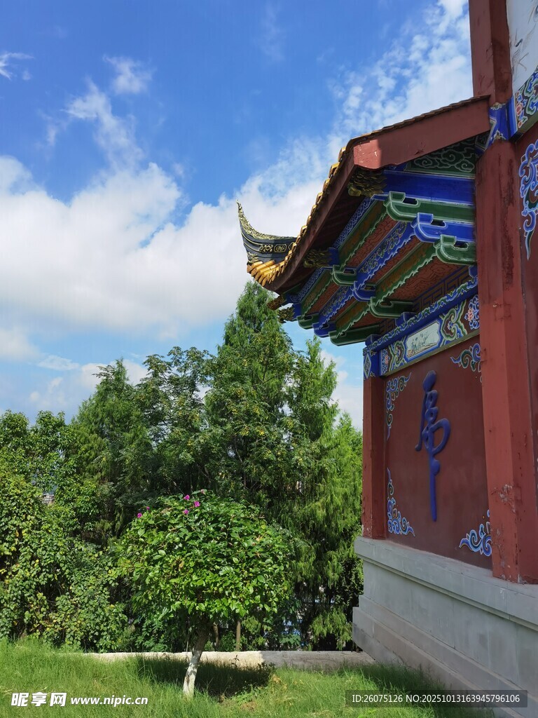 中式建筑旁的葱郁绿树