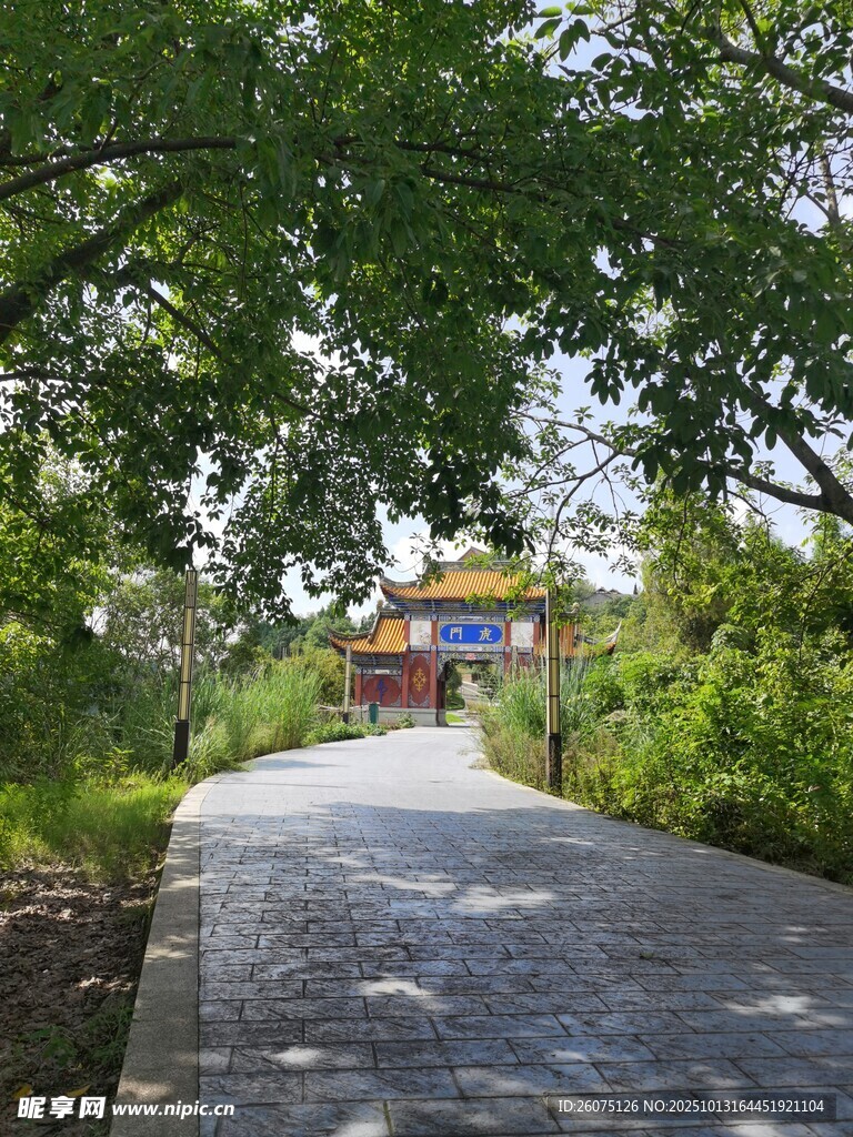 林间小道通向古朴建筑