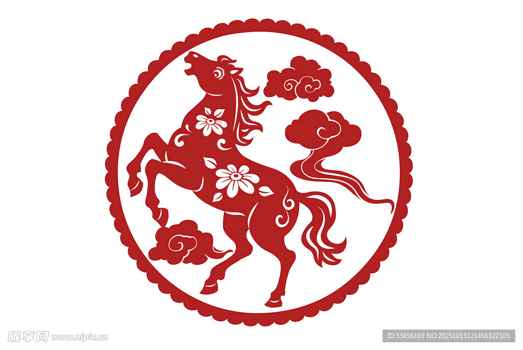 红色剪纸风奔腾骏马图案