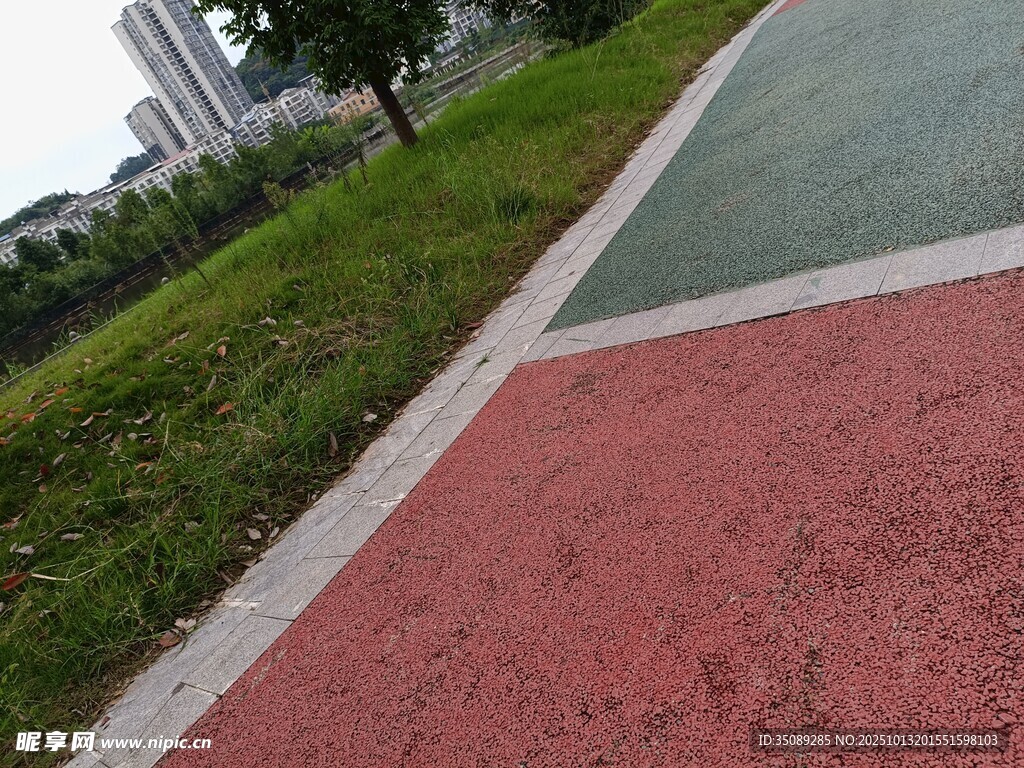 彩色步道旁的绿意风景