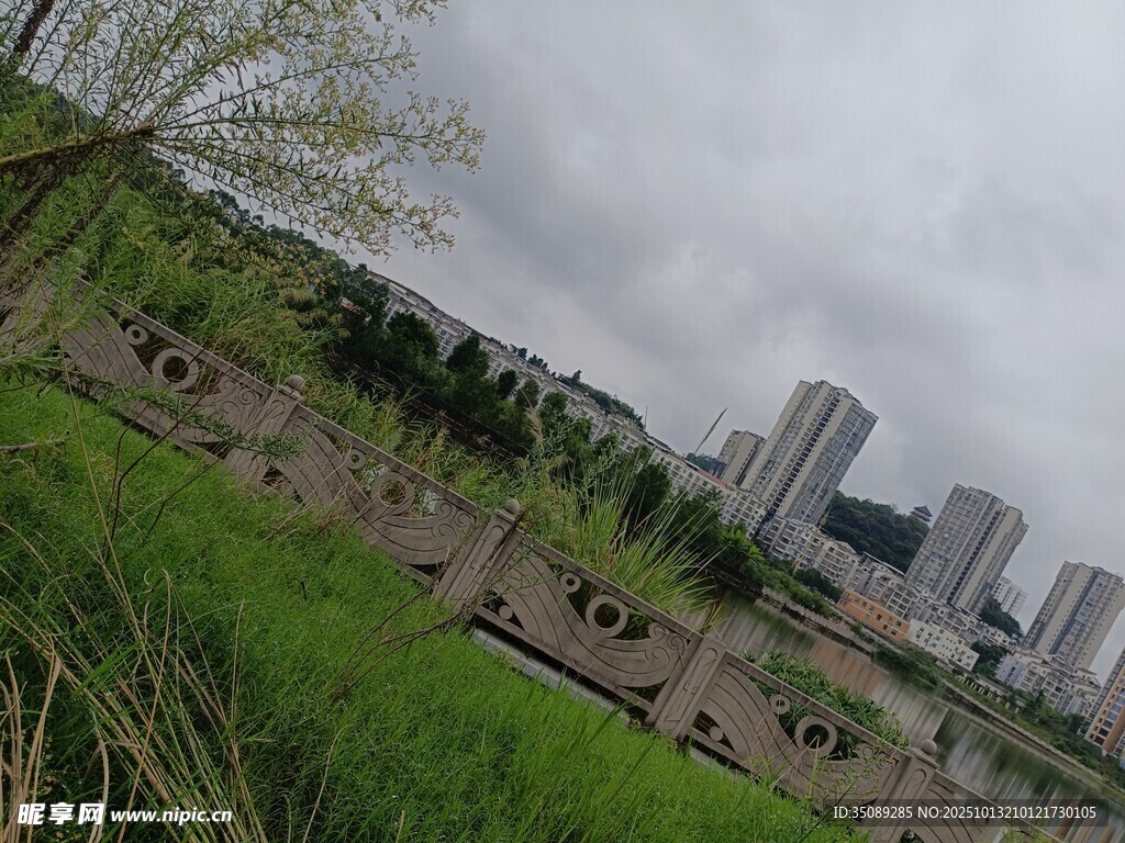 城市边的草地与高楼景观