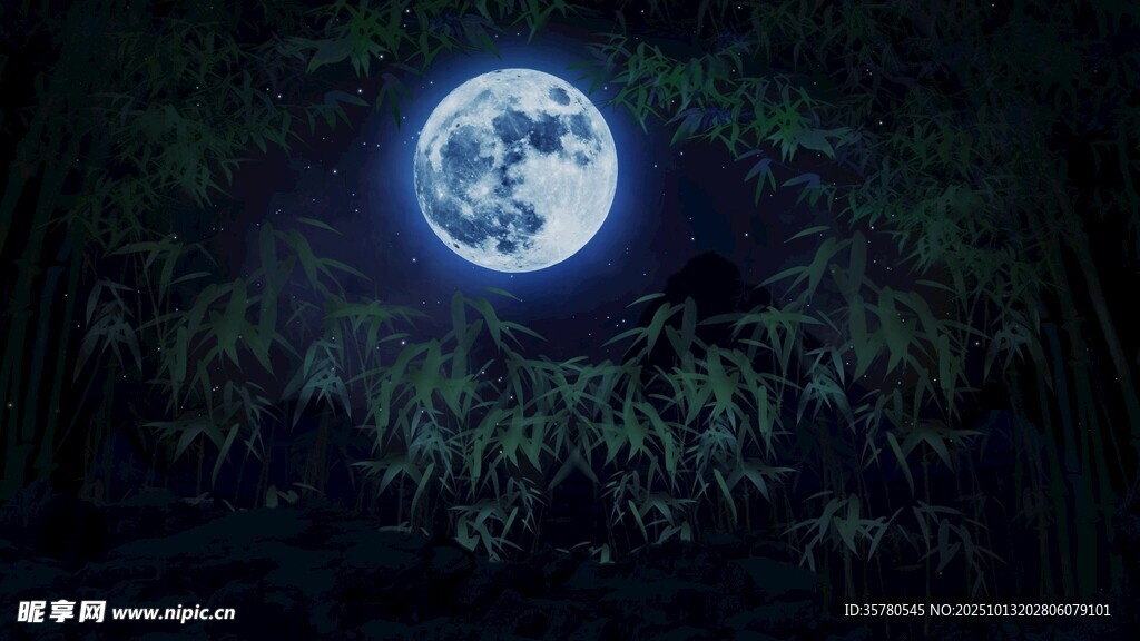 月夜竹林中的皎洁明月