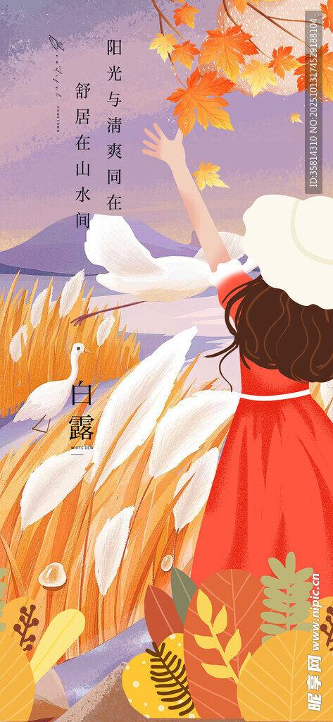 秋日红衣女孩漫步芦苇间