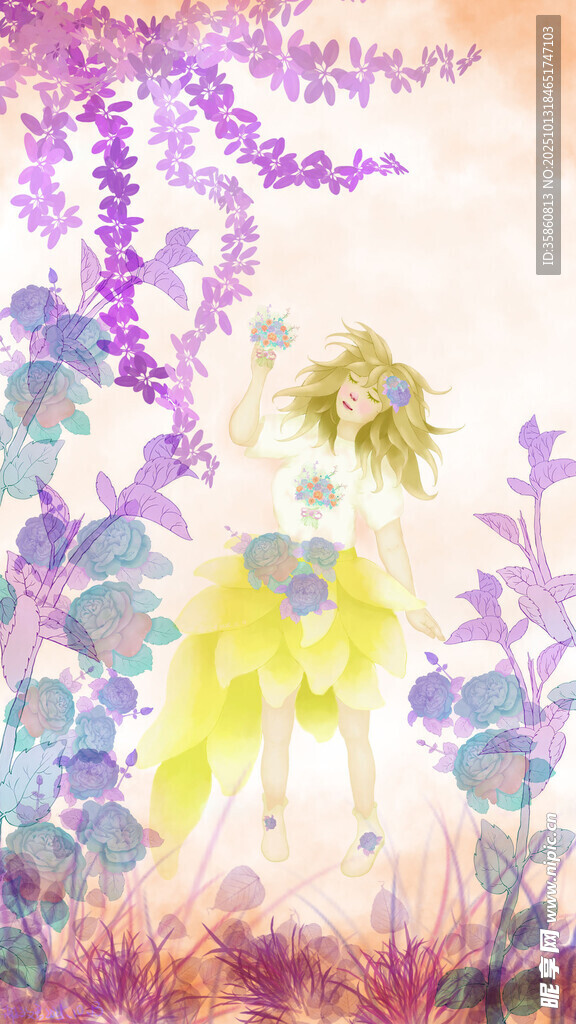 梦幻森林紫色月季和可爱少女