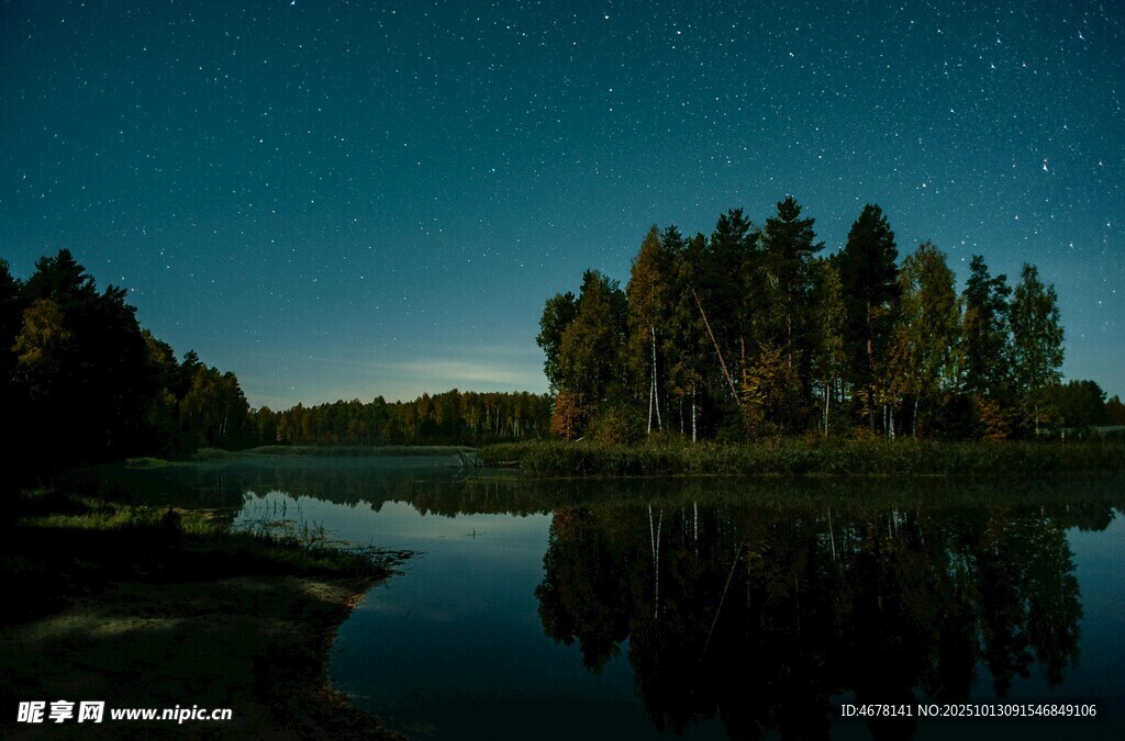 静谧湖畔星空下的森林夜景