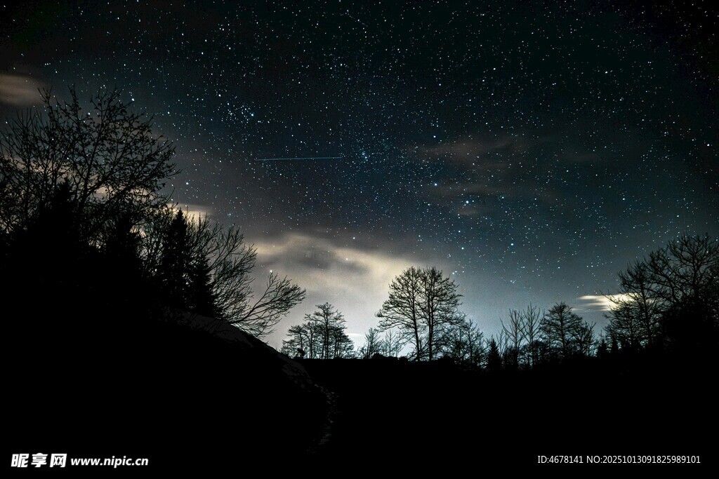 夜幕下的山林与闪烁星空